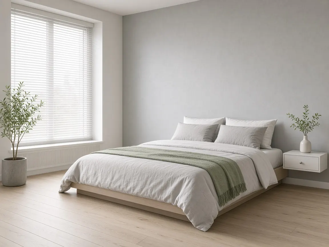 Calm bedroom with light oak SPC vinyl flooring