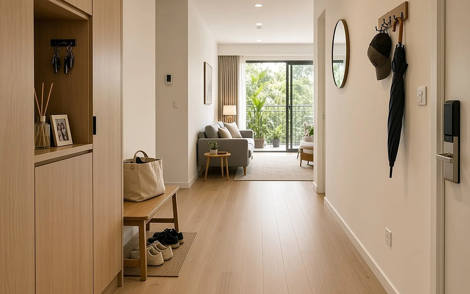 Condo foyer after, Blonde Oak SPC flooring