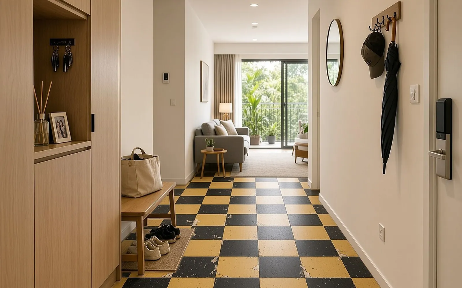 Condo foyer before, old scuffed black and yellow checkerboard vinyl