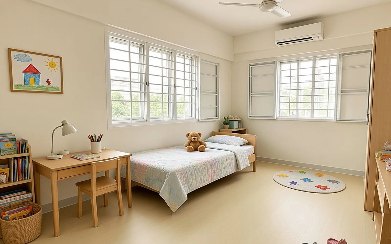HDB kids’ bedroom after, Buttered Oak SPC flooring