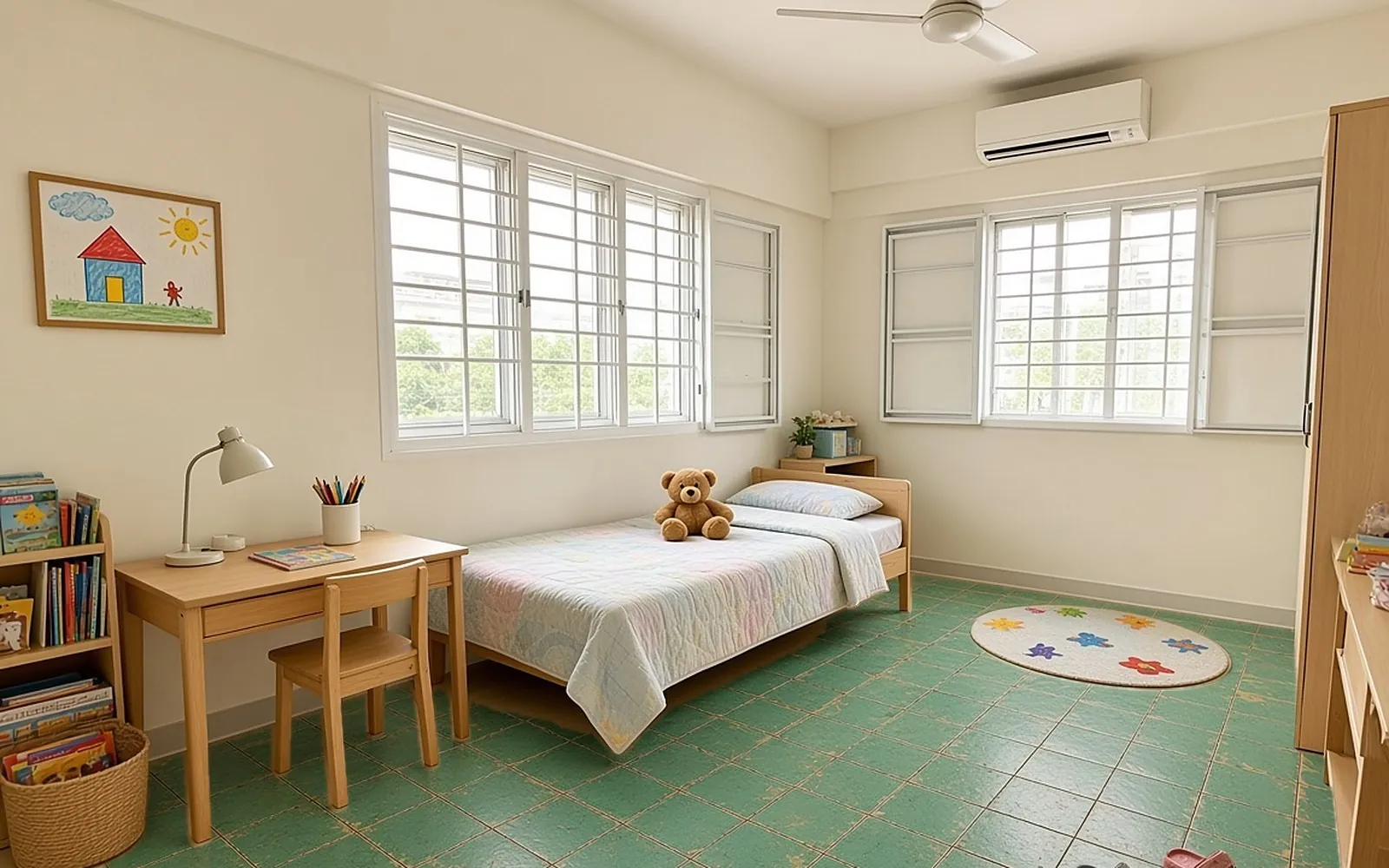 HDB kids’ bedroom before, old green 1980s ceramic tiles
