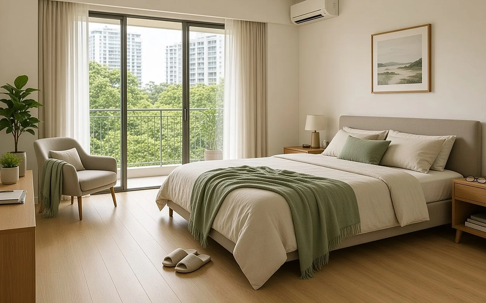 Condo bedroom after, Honey Oak SPC flooring