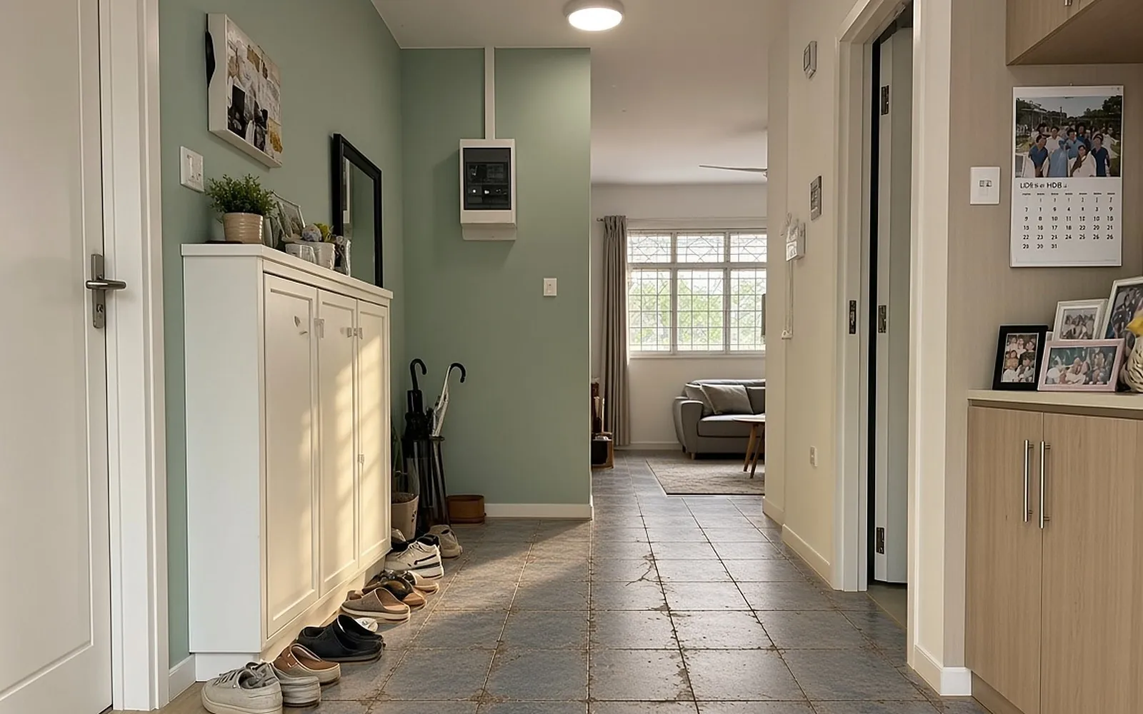 HDB entryway before, old blue-grey tiles with stained grout