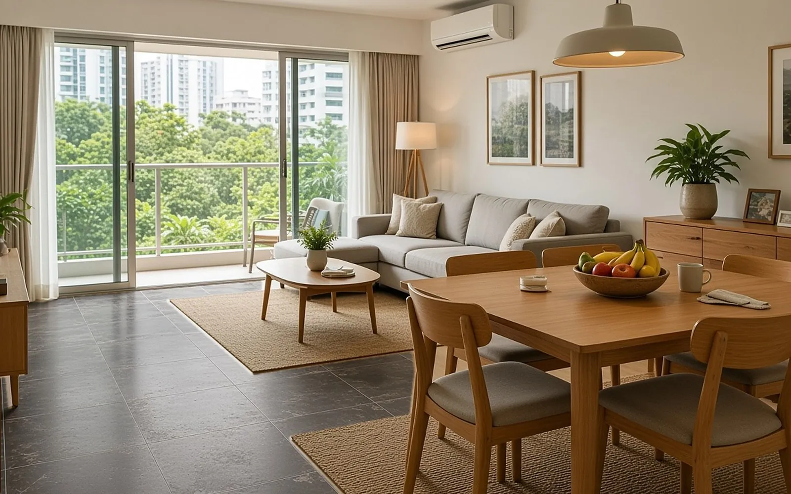 Condo living and dining before, old stained charcoal tiles