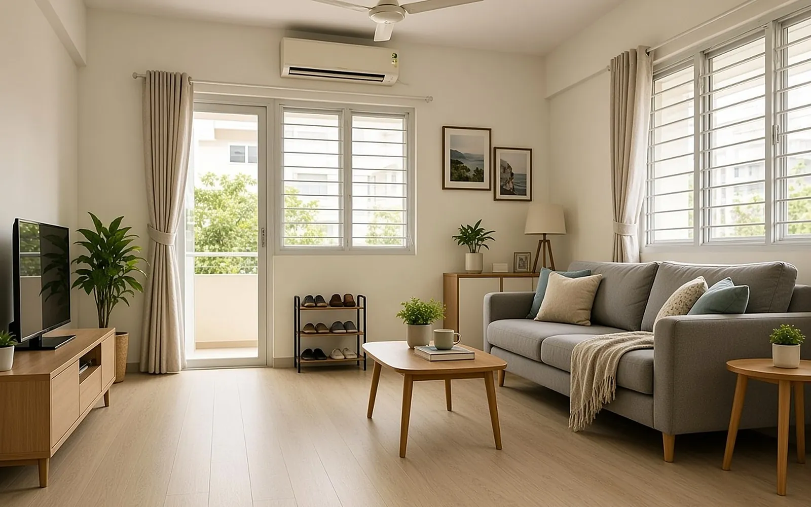 HDB living room after, Ivory Oak SPC flooring