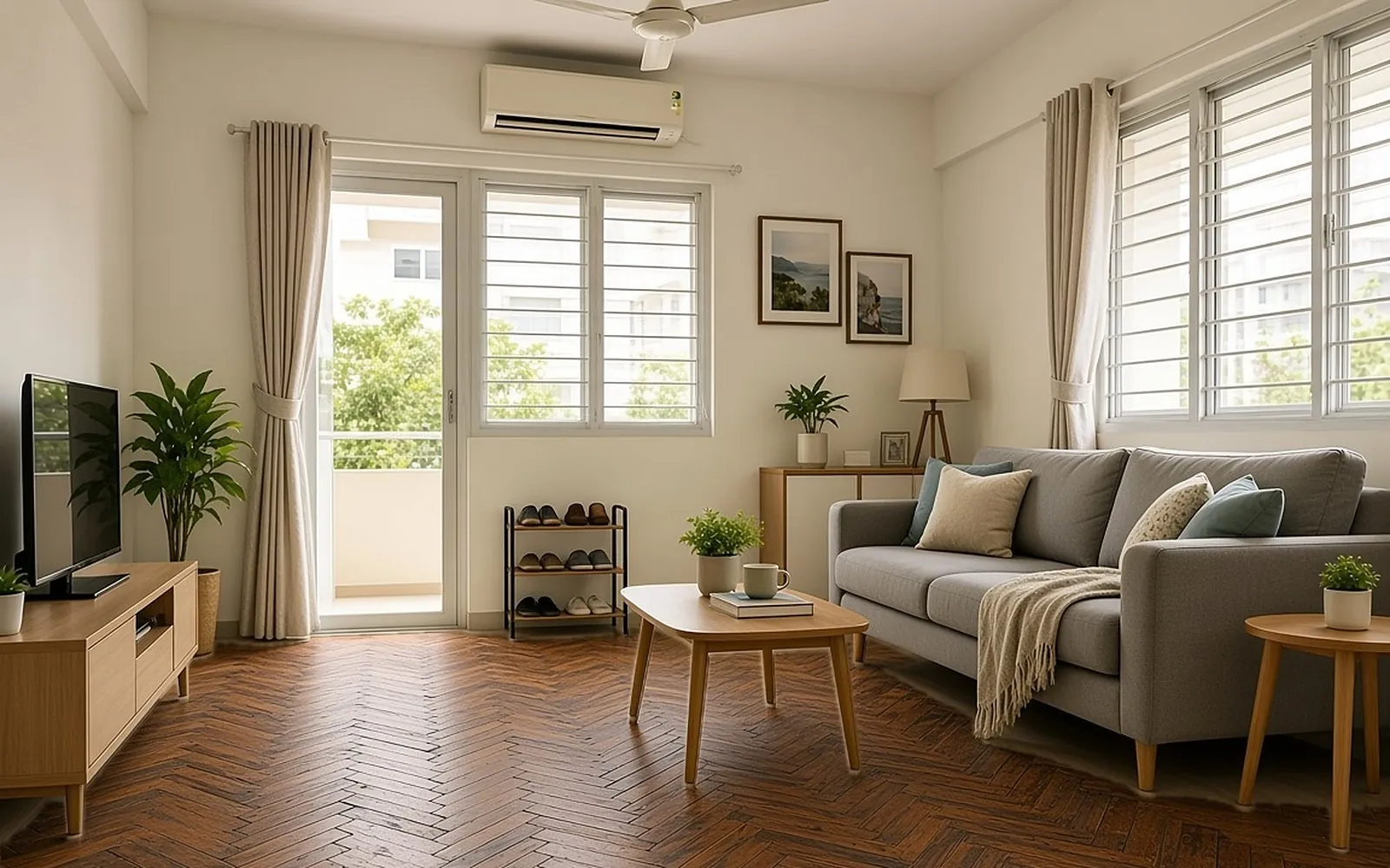 HDB living room before, old worn dark herringbone parquet