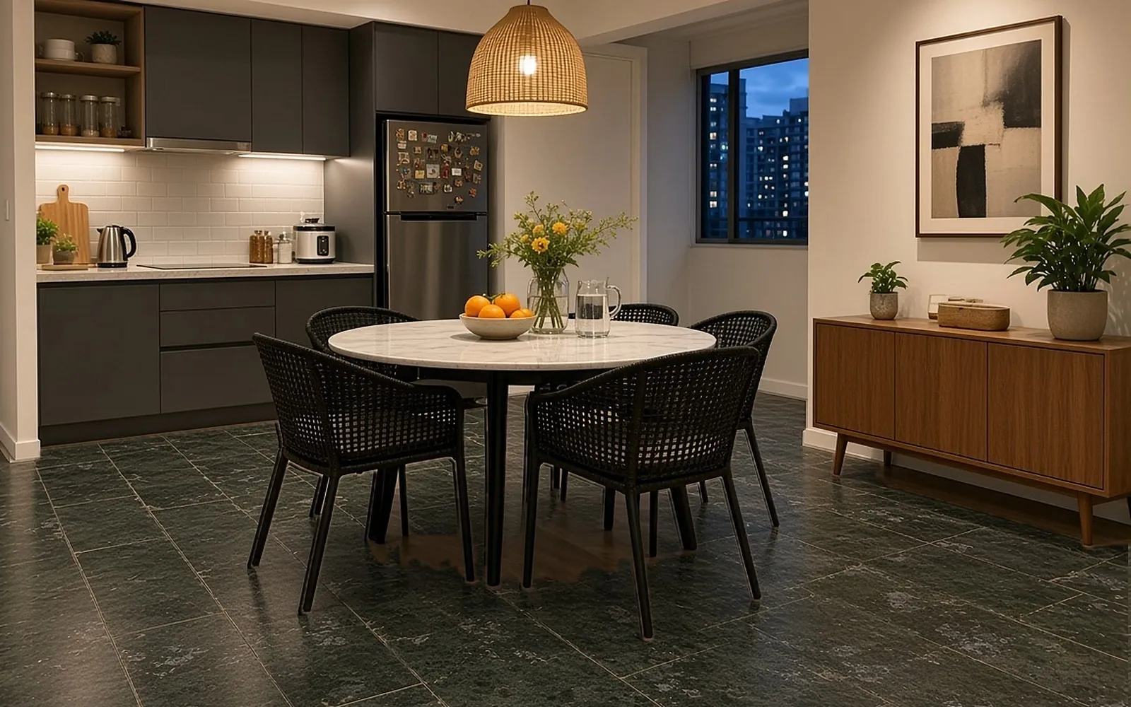 Condo dining and kitchen before, old dull dark green granite-look tiles