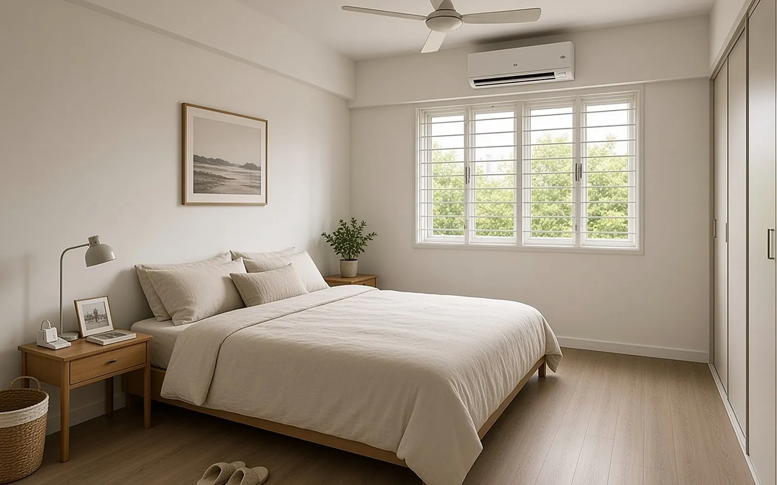 HDB bedroom after, Natural Beige SPC flooring