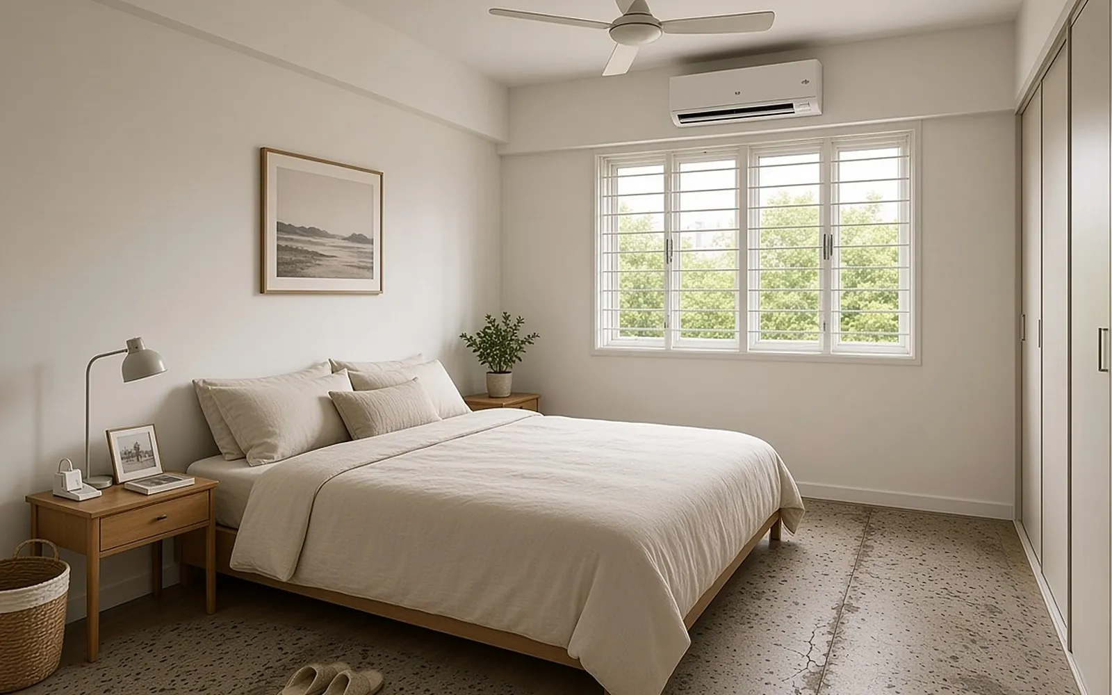 HDB bedroom before, old stained and cracked grey terrazzo