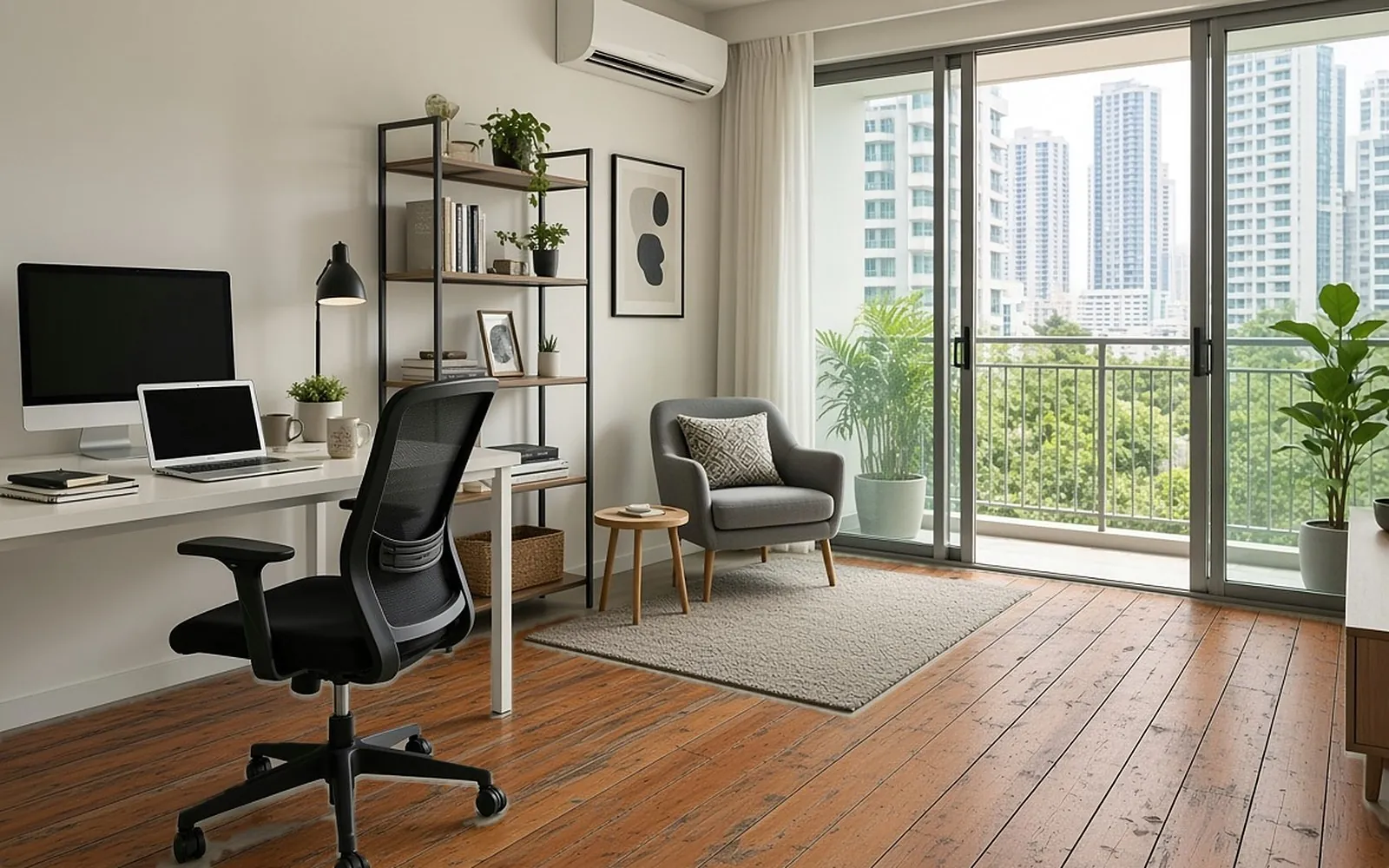 Condo study before, old worn orange-brown timber strips