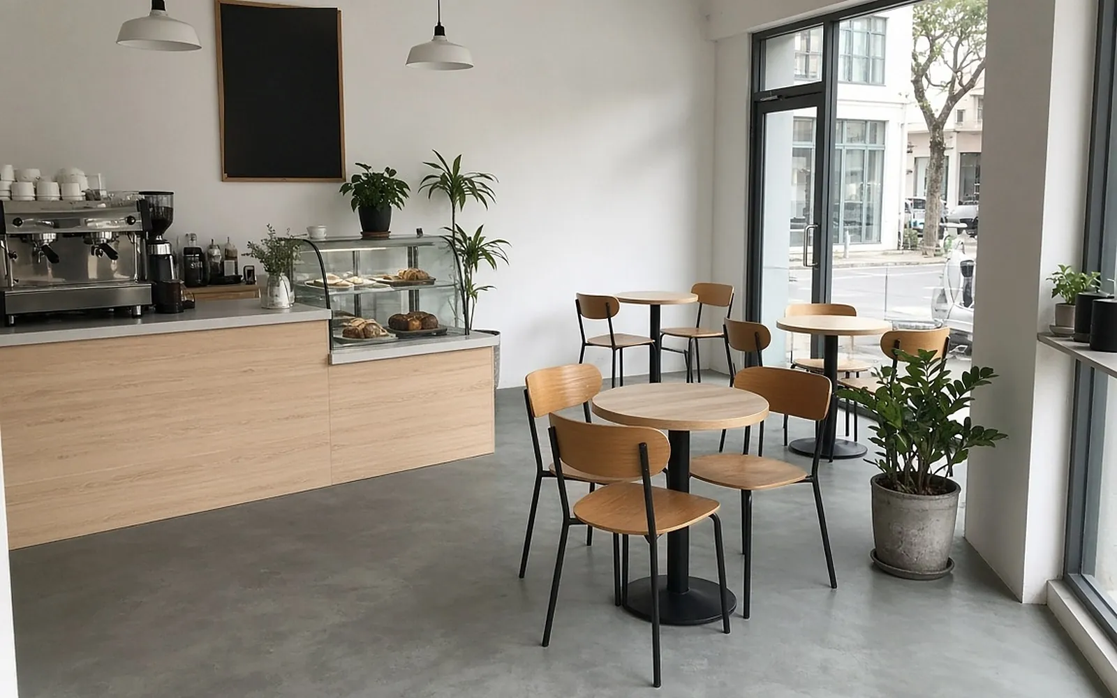 Cafe floor after: seamless Warm Cement microcement