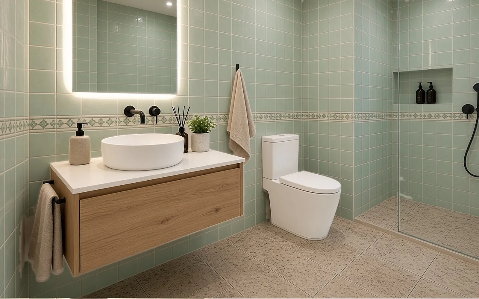 Condo bathroom before: dated sage-green wall tiles and speckled floor tiles