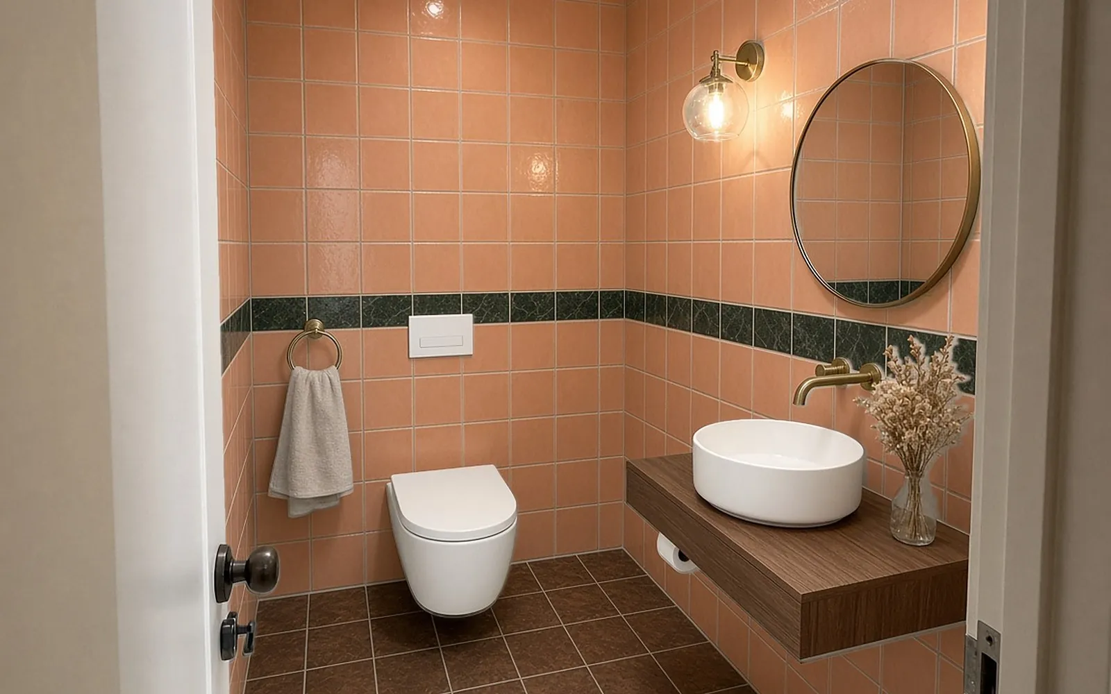 Condo powder room before: dated salmon tiles with a green border and dark red floor tiles