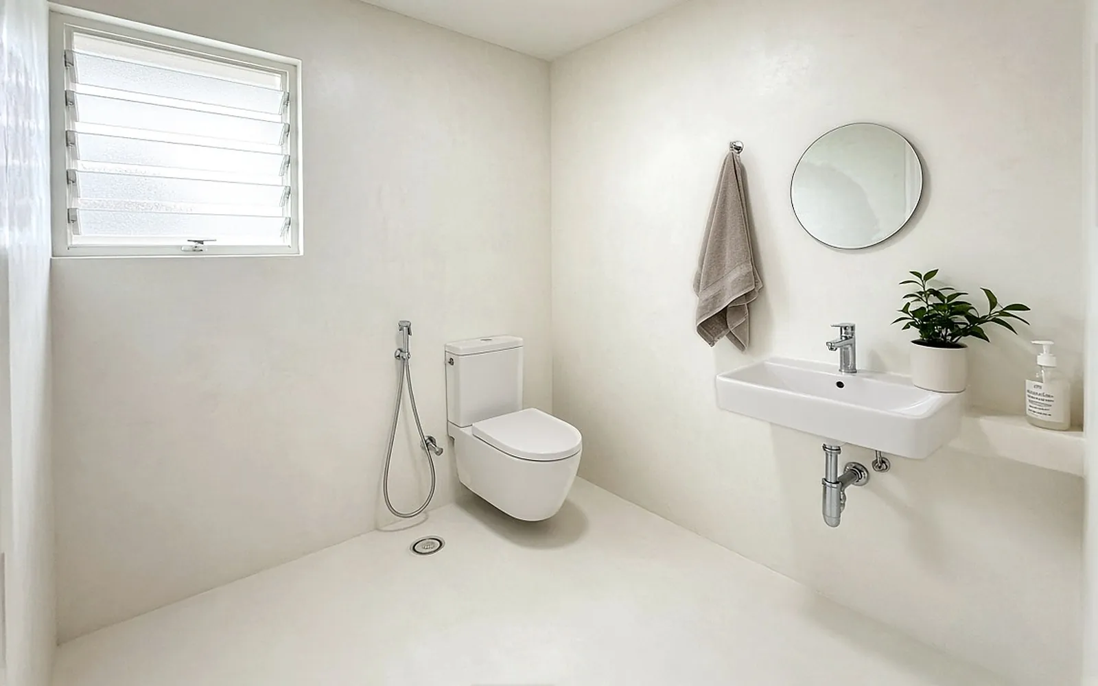 HDB common toilet after: seamless Bone microcement