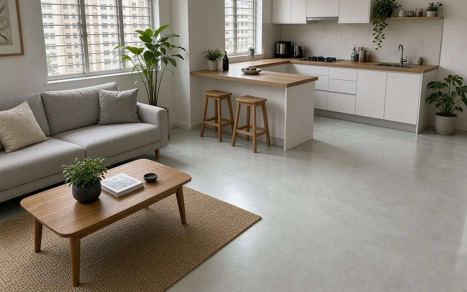 HDB open kitchen and living after: seamless Light Grey microcement