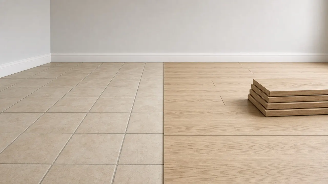 Concept: old ceramic floor tiles on one side, new light oak SPC planks laid over them on the other